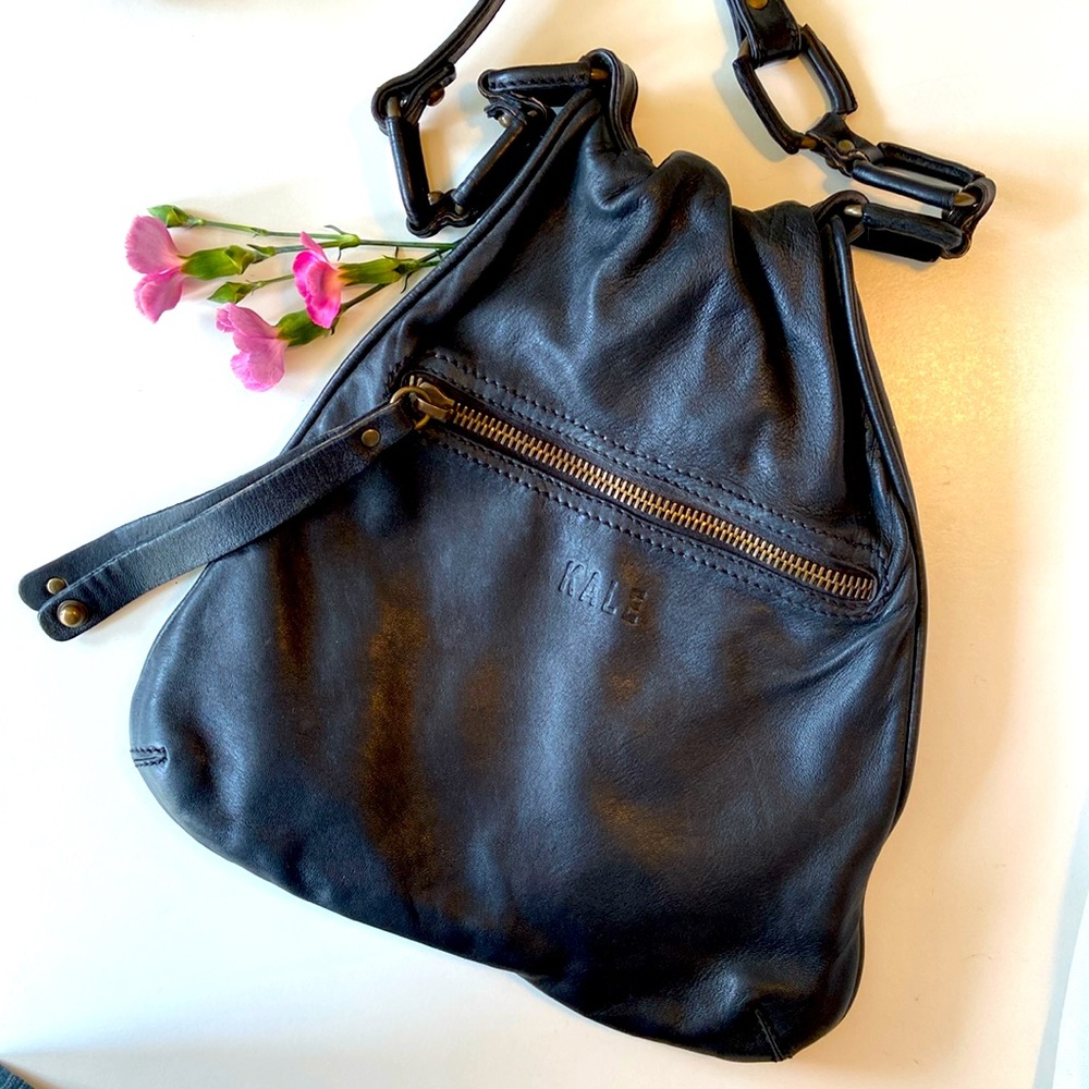 Preloved Kale Crossbody Black Leather Foldover Double Pocket Purse